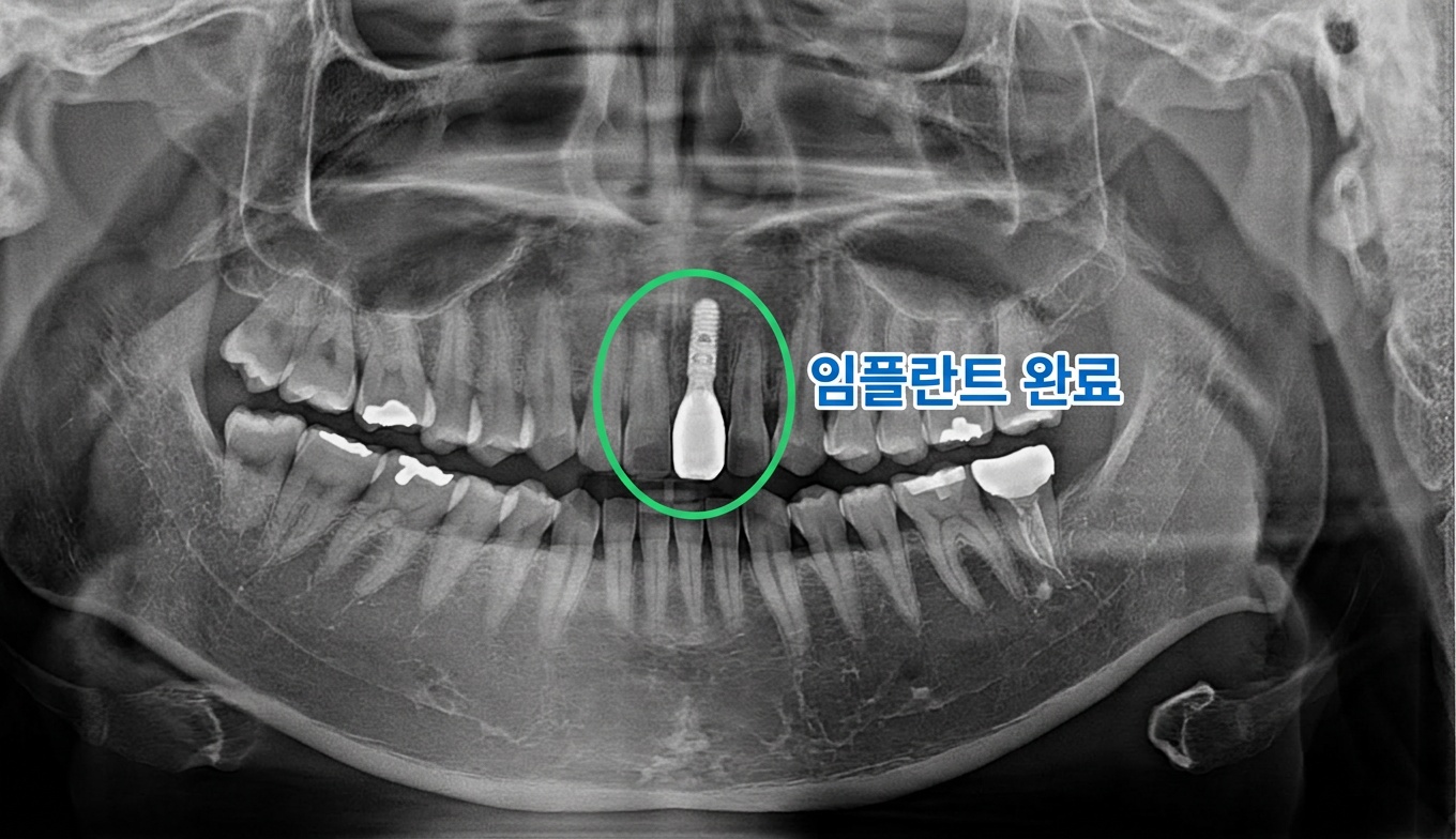 [치료 후] #21 임플란트 및 보철물 유지상태 양호함을 확인함.