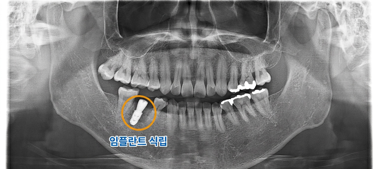 [치료 중] #46 부위에 임플란트 식립 후 촬영한 중간 단계의 파노라마 사진입니다.