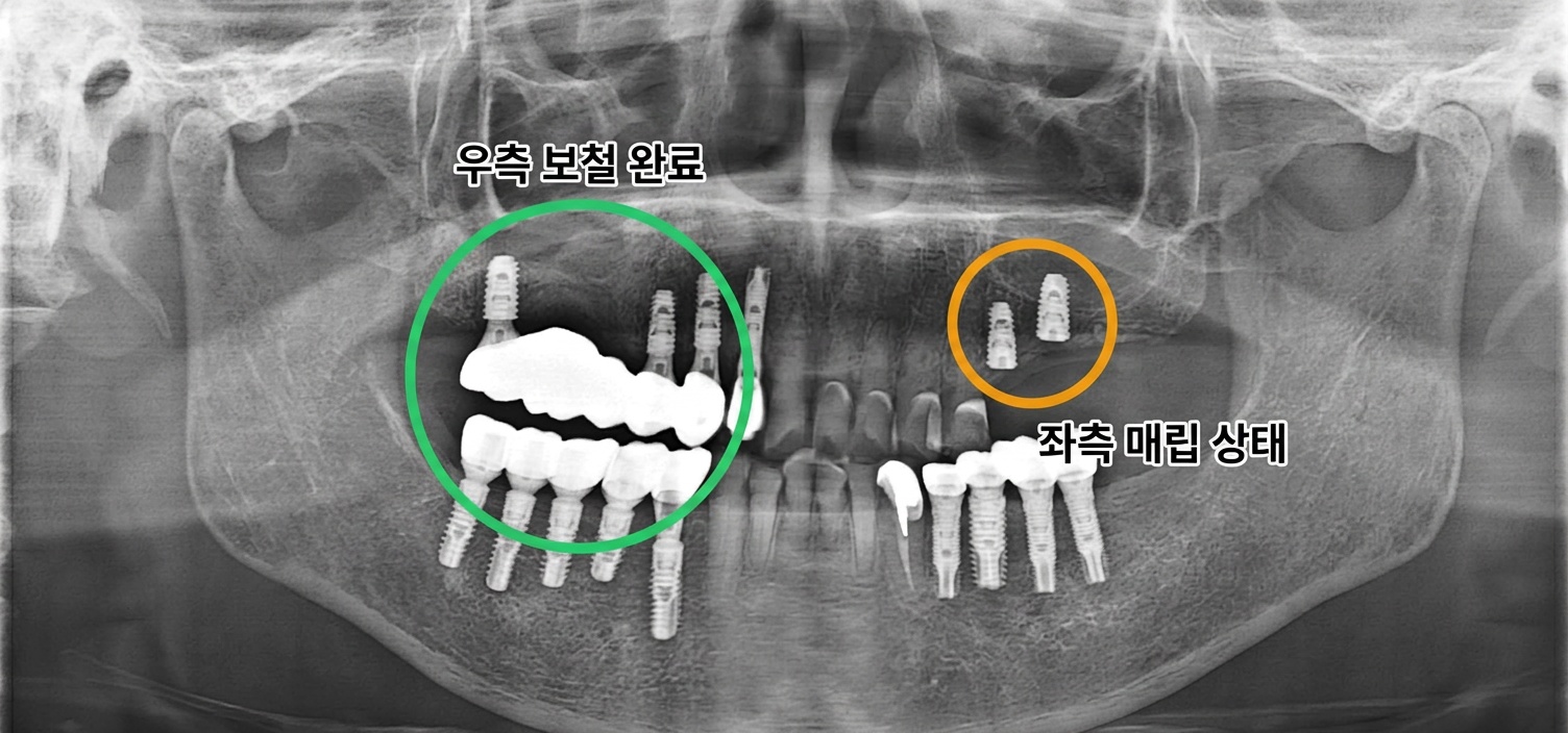좌측 골유착 기다리는 동안 우측 보철 먼저 완성하여 저작 기능 회복